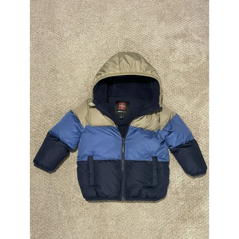 Swiss Tech Puffer Jacket Hooded Fleece Lined Colorblock Mid-weight Sz: 4Y